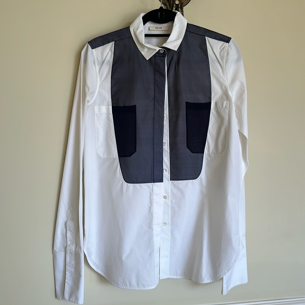 Celine White Button-Down Shirt with Black and Dark Gray Panels